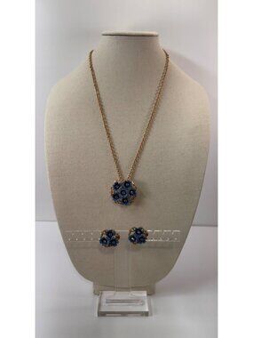 Vintage Avon Love Blossom 1972 Blue Floral Necklace Earrings Set Gold Tone